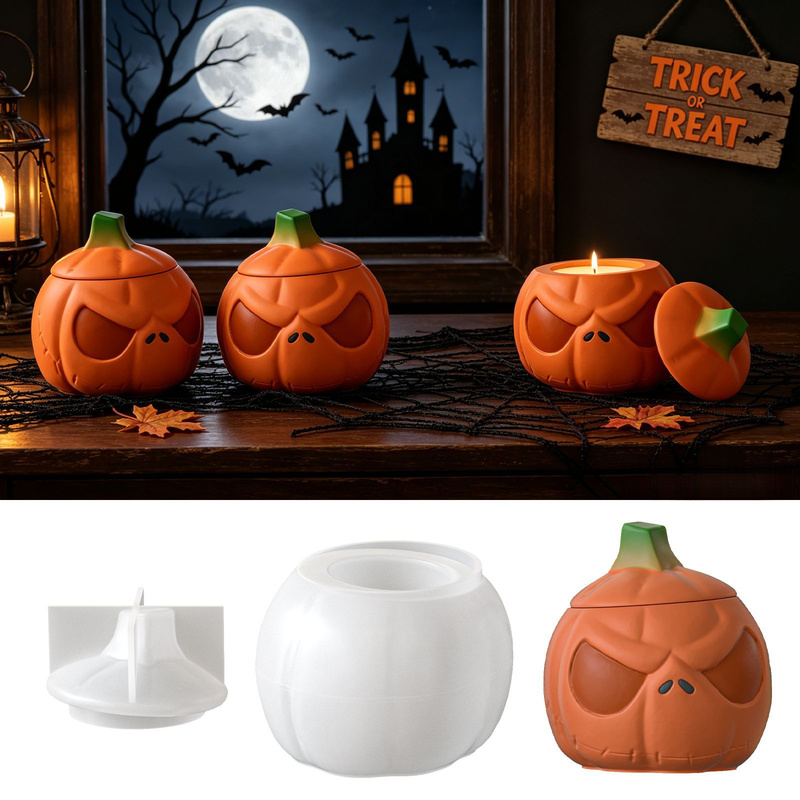 Candle Supplies Jars - 蓋付きカボチャ保存瓶2セット、シリコン型、ゴーストフェイスカボチャキャンドルカップ型